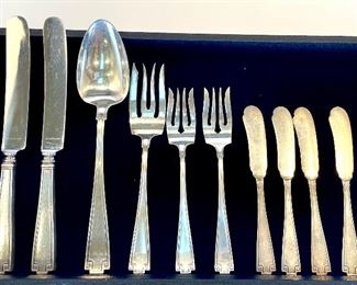 Marked Sterling. 10 piece set: 2 knives, 1 serving spoon, 1 serving fork, 2 forks, 4 butter knives. $366 for ALL. Normal wear. 