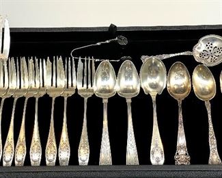 Marked Sterling. Misc sterling LOT. 1 serving fork, 8 salad forks, two tea spoons, 1 soup spoon, 1 spoon dated 1908, two 2 tea spoons, 1 sugar cube tong, 1 pea spoon. $525 for ALL. 