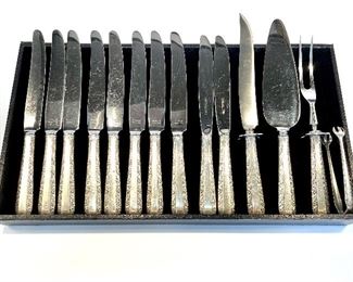 Marked Sterling. 14 piece set: 10 knives, 3 serving pieces, 1 sugar tong. $574 for ALL. Close up image available. Normal wear. 