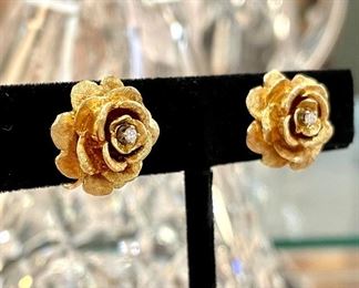 SOLD. 14k with genuine diamond chip center, screw back earrings. 