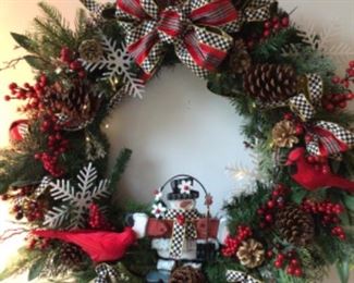 Large 34” Mackenzie Childs Ribboned Snowman Wreath with lights.