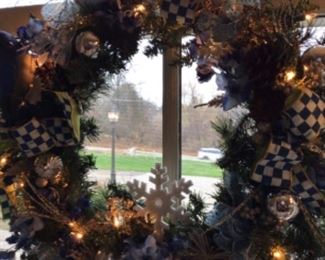24” Mackenzie Childs Royal Check Ribboned Wreath with lights and blue accents.