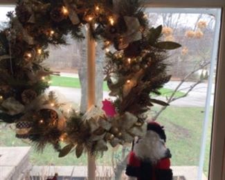 24” Mackenzie Childs Parchment Check Ribboned Wreath with leaping gold Deer.