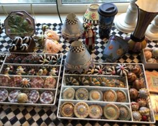 Variety of  Mackenzie Childs knobs.  Including Honeymoon and other gold embellished styles.         $20-35.  Pairs and multiples pricing.