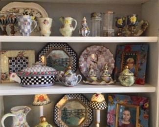 Mackenzie Childs ceramics including Maclachlan, Honeymoon, and Torquay patterns.