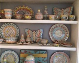 Mackenzie Childs Ribboned ceramic dishes, butterfly trivets, cookie canister, creamers, sugars, salt&peppers, covered butter and trinket dishes.