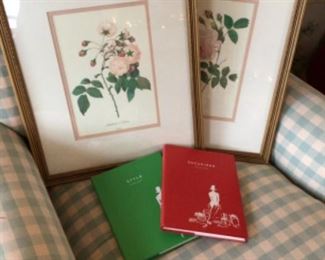 Botanical prints and Kate Spade books.