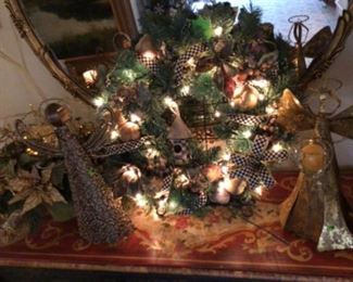 Mackenzie Childs Courtly Checked Ribboned Wreath with gold and lights.