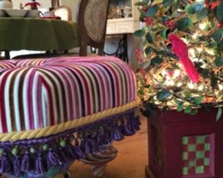 Rare Mackenzie Childs ottoman and custom holiday tree.