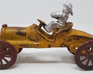 Vintage Cast Iron Race Car with Driver - Yellow with Red Wheels