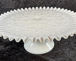 Fenton Milk Glass w/ Spanish Lace Ruffled Rim Cake Stand 12.5" x 5” 