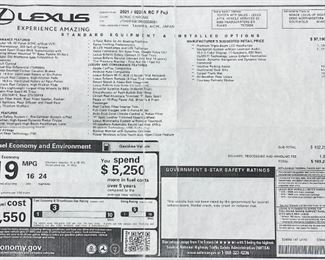 2021 Lexus RCF Fuji Window Sticker
Please text or call 7032689529 for inquiries, or visit Tysons Jewelry located at:
8373 Leesburg Pike #12, Vienna Virginia 22182
It is in excellent condition.
First Owner,
4850 Miles, 
the VIN is JTHYP5BCOM5008061.