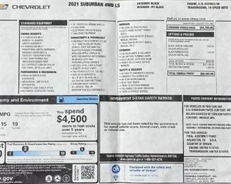 2021 Suburban LS Window Sticker
Please text or call 7032689529 for inquiries, or visit Tysons Jewelry located at:
8373 Leesburg Pike #12, Vienna Virginia 22182
It is in excellent condition.
First Owner,
87800 Miles,
the VIN is 1GNSKBKD5MR216630.