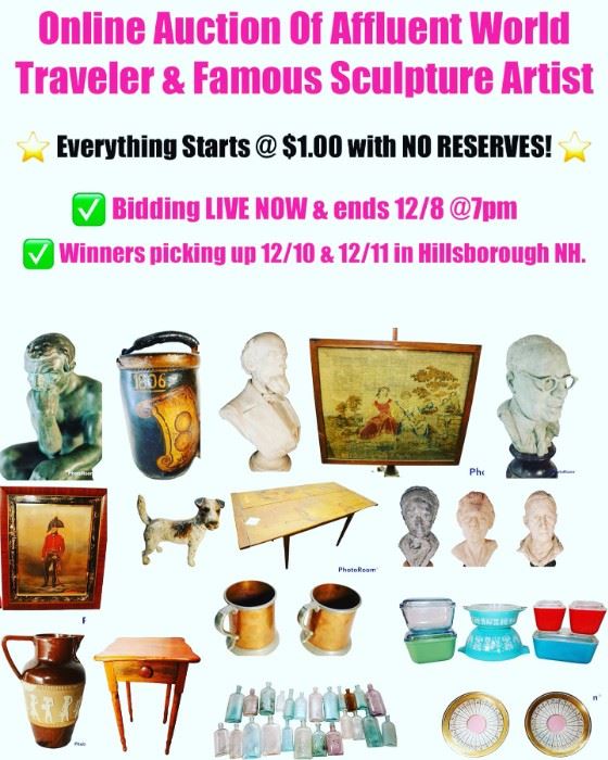 All Bidding is Through AuctionNinja.com HERE: (Click on the link)
https://www.auctionninja.com/603-estate-sales/sales/details/online-auction-of-affluent-world-traveler-and-famous-sculpture-artist-hillsborough-nh-no-shipping-pick-up-only--30.html