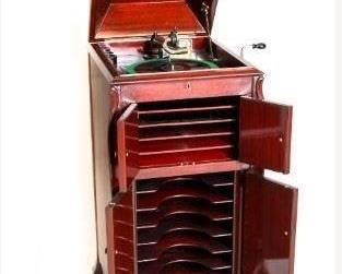 Antique Victrola by Victor Talking Machine Open View showing Record and Music Sheet Storage Cabinet- Circa 1900-1920