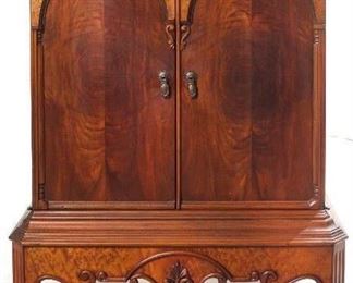 Antique Solid Woods & Veneers, Burl Wood & Birdseye Maple Double Door Cabinet - 29”W x 18”D x 37”H
