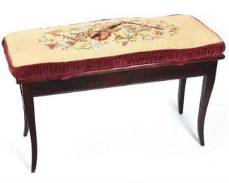 Vintage Mahogany Piano Bench with a Thick Hand Needle Point Cushion