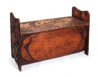 Antique Arts and Craft Period Pyrography Carved/Burnt Wood Storage Bench (31”W x 13.5”D x 22”H)