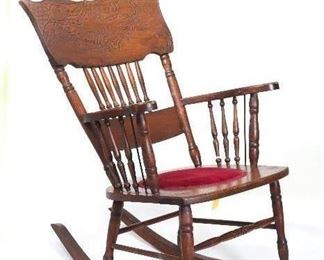 Antique American Oak Pressed Back Turned Spindle Rocker