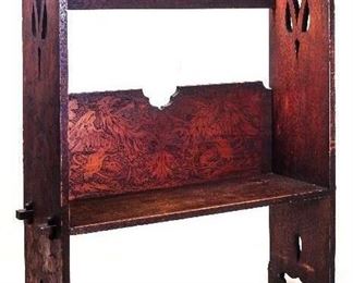 Antique Arts and Craft Period Handmade Pyrography Carved/Burnt Wood High Back Bench (48.5”H x 39”W x15”D)