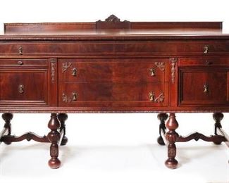 Antique Midwest Furniture and Chair Company: William and Mary Sideboard/Buffet with Applied Decoration and Drop Tudor Style Pulls. 5 Drawers and 2 enclosed cabinet (72”W x 24”D x43”H)
