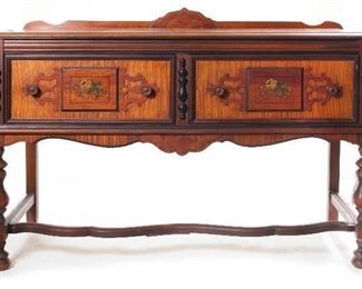 Antique Walnut  2- Drawer Sideboard with Inlaid Floral Design Door Panels on Turned Legs and Serpentine Stretcher (54”W x 21.5”D x 38.5”H)