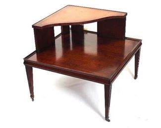 Mid-Century Mahogany Square Step Table with Stenciled Leather Inset Top. (30” x 30” x 15”H x 28”H  at back.