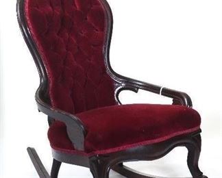 Antique Victorian Burgundy Velvet Button Tufted Back Upholstery Rocker -  C. Turn of the 20th Century