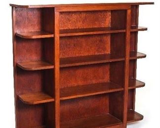 Depression Era 5-Shelf Bookcase Flanked by 5-Rounded Corner Curio Shelves. (49.5”W x 11”D x 47.5”H)