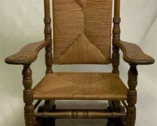 Antique Oak. Platform Rocker with Rush Seat and Back