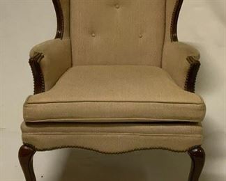 Beige Upholstered Nail head Wood Trim  Wing Back Chair with tapered cabriolet legs
