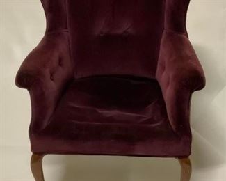 Vintage Small Burgundy Velvet Modified Wing Back Button Tufted Arm Chair with Cabriole Legs