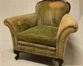 Early Twenty Century Mahogany Wood Trim Back Chartreuse   Upholstery Arm Chair with Cabriole Feet