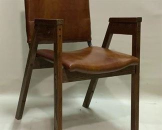 Side View: Mid-century Modern Oak Arm Chair with Brown Naugahyde Upholstery Seat and Back