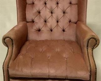 Vintage Pink Button Tufted Nail Head Upholstery Wing Back Chair on Cabriole Legs 