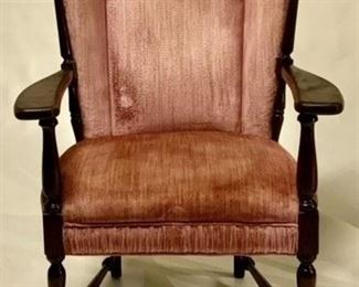 Antique Wood Frame  Paneled Wing Back Chair with Pink Velvet Upholstery