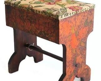 Antique Arts and Craft Period Pyrography Carved/Burnt Wood Upholstered Cushion Lift Top Small Bench