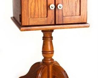 Vintage 1980’s Oak Occasional Small Pedestal 4-Leg Work Table, 2 Doors with Porcelain Knobs (24”H x 14” x 14”)