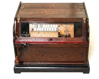 Antique Victorian  Hand Crank Concert  Roller Organ in an Oak Wooden Cabinet made by the Autophone Company in Ithaca, New York, around 1885-1899
