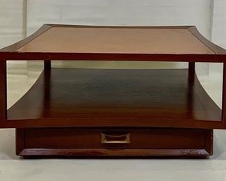 Mid Century Modern Coffee/Cocktail Table with  Inset Leather Top and a Lower Drawer on either side with Brass Drawer Pulls.  (34  x 34 x 17”)