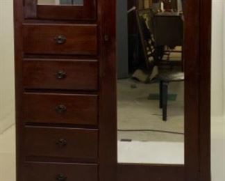 Vintage Chifforobe with Mirrored Wardrobe  on right side and Mirrored Hat Box over 5 Lingerie Drawers raised on turned legs with original casters