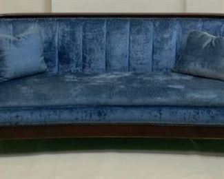 Beautiful Rare Mahogany Frame Empire Period Soda Flanked on each by Carved Figures and Channel Tufted Back in Blue Velvet Upholstered