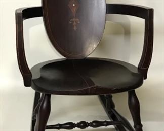 Antique Rocker with an Oval Inlaid Back, Carved Fitted Seat, Turned Legs and Stretchers.  Mid to Late 19th Century