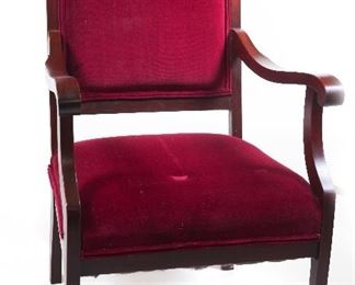Antique American Victorian Parlor Chair with arms, applied decorations and Red velvet upholstery.