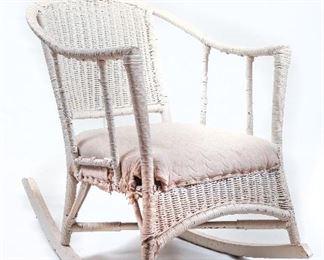 Vintage 20th Century Barrel Back White Wicker Rocker with Upholstery Spring Cushion Seat