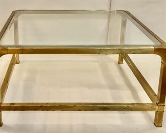 Mastercraft  Vintage Curved Brass Square Coffee Table with Bevel Glass Top C. 1970’s  (16”H x 34”D)