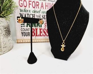 Gold Angel Locket with Gold Bow Earrings