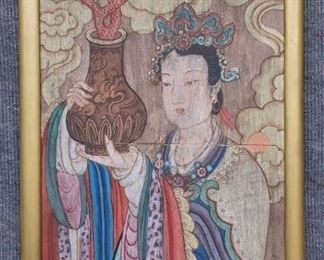Vintage Art Deco Asian Painting Woman With coral in Vase