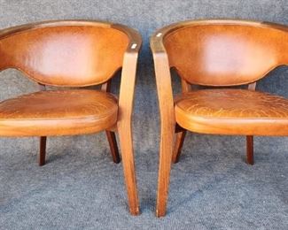 Fantastic MCM Mid Century Modern Leather and Wood Barrel Back Arm Chairs