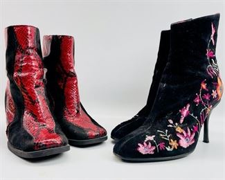 Embroidered Beverly Feldman boots size 39 & Emilio Bartolini Red and black leather snake-embossed block heel boots featuring square toes Size 8M